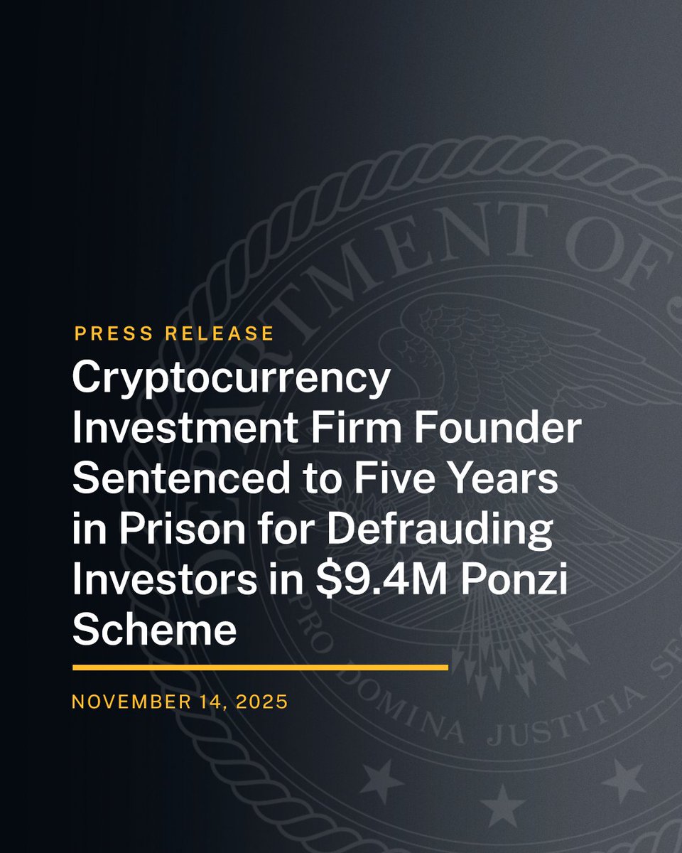 Cryptocurrency Investment Firm Founder Sentenced to Five Years in Prison  for Defrauding Investors in $9.4M Ponzi Scheme 🔗: https://t.co/StDokYuI86