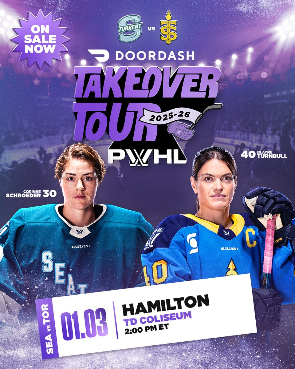 🏒 ON SALE NOW 🏒 The PWHL Takeover Tour is coming to Hamilton as the Toronto Sceptres face off against the Seattle Torrent at TD Coliseum on Saturday, January 3!

🎟 bit.ly/47z7vam
