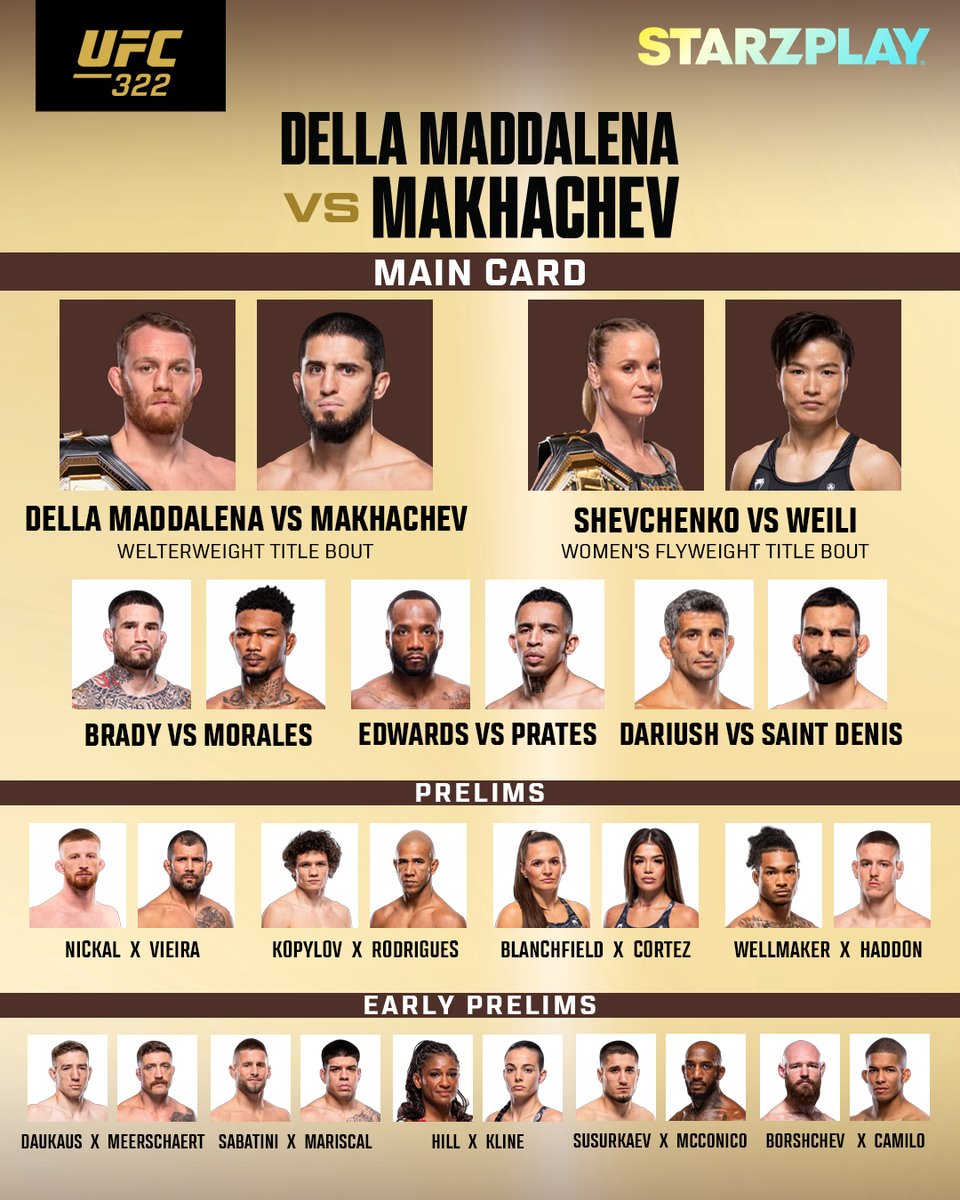 STARZPlayArabia's tweet photo. بطاقة كاملة مليانة نزالات نارية! 🔥
من التمهيدية إلى الرئيسية… كل الأكشن قدامك 👊

A fully loaded fight card! 🔥
From early prelims to main card — nonstop action 👊
#STARZPLAY #UFC322 https://t.co/G8DGt3YOgM