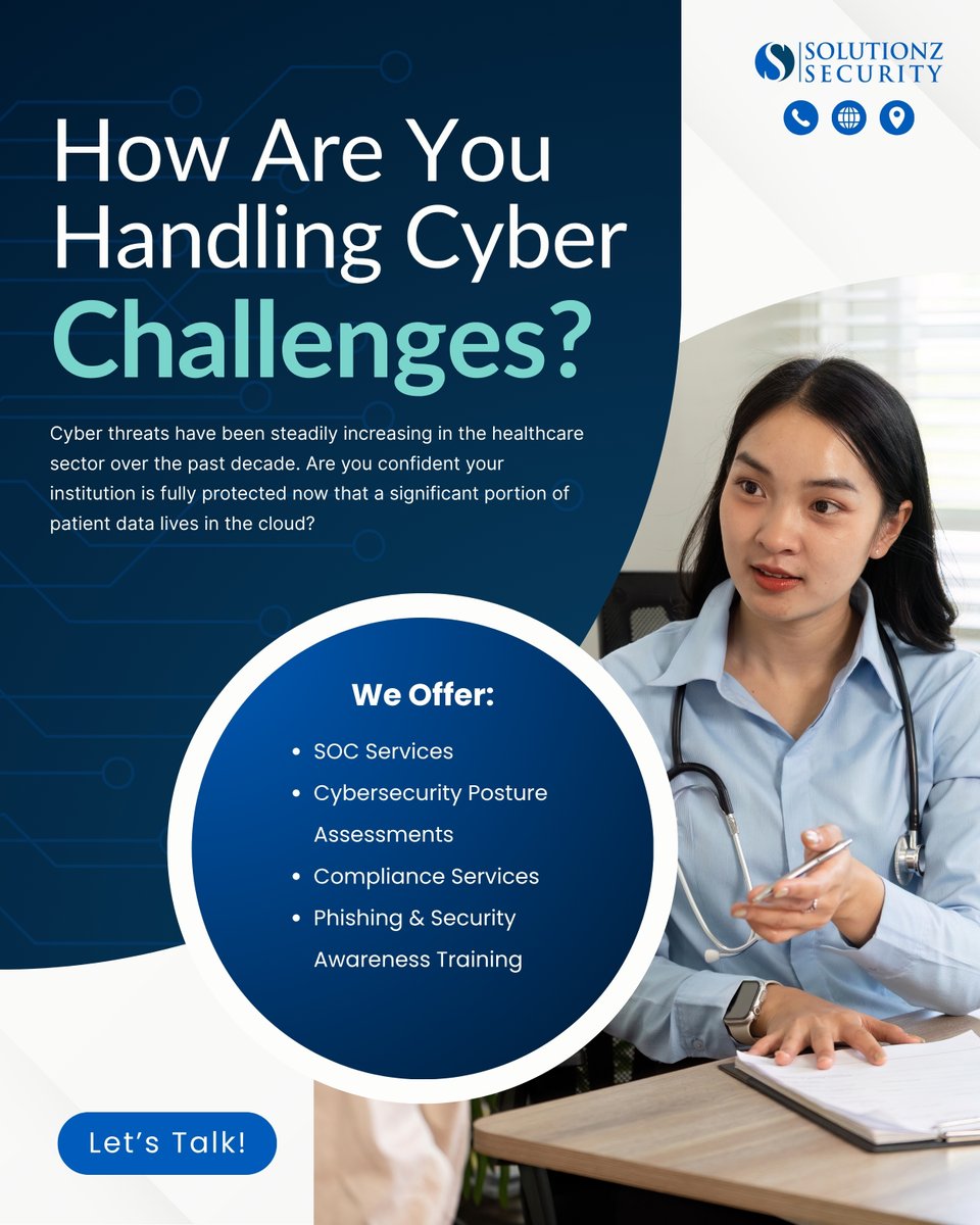 SolutionzInc's tweet image. From HIPAA compliance to defending against sophisticated ransomware attacks, we help you protect sensitive patient information and maintain operational continuity. bit.ly/498vPAW

#CyberSecure #SecureData #SolutionzSecurity