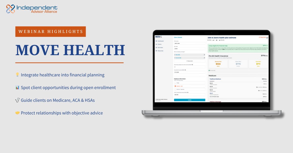 independentaa's tweet image. Move Health helps advisors integrate healthcare into financial planning. 

Streamline open enrollment with the right tech + partnership

hubs.la/Q03Q3XPf0

#WeAreIAA #AdvisorSupport #MoveHealth #OpenEnrollment #FinancialPlanning #AdvisorTechnology