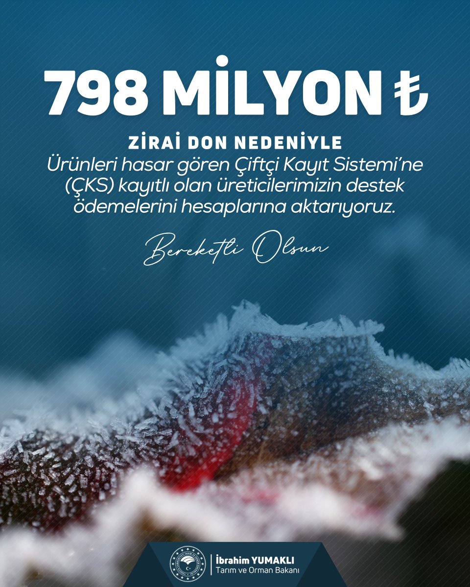 ❄️ Zirai don nedeniyle ürünleri hasar gören Çiftçi Kayıt Sistemi’ne (ÇKS) kayıtlı olan üreticilerimize önceki ödemelerin devamı olarak 798 milyon TL destek ödemesini de çiftçilerimizin hesaplarına aktarıyoruz.

📈 Böylece toplamda 22 milyar 946 milyon TL zirai don desteği