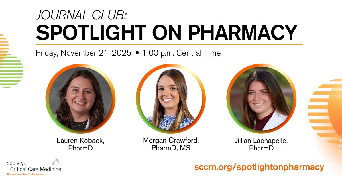 SCCM's tweet image. Catch up on the latest in pharmacy research at this month’s Spotlight on Pharmacy webcast, which features topics on acute coronary syndromes, hyperactive delirium, and mechanical ventilation. Register now: sccm.org/spotlightonpha…
#pharmicu #sccmcppjc #SCCM