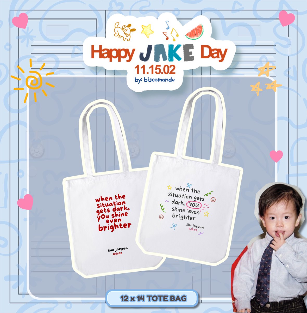 ᯓ★ ikeu's birthday giveaway ph

2 winners of jake quote tote bag

rules:
☆ mbf, like, rt
☆ must shoulder sf
★ drop jake birthday tags

ends: nov 18

OUR GOLDEN LIGHT JAKE 
#23SeasonsWithJAKE
#제이크생일인데_여긴왜앉아있어요
#HAPPY_JAKE_DAY
#엔하이픈_제이크