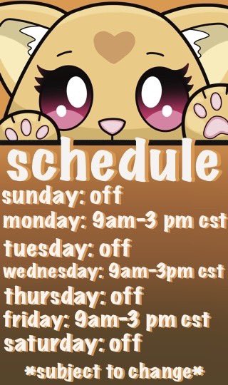 New Schedule is a go! 
Planning beeeg build. Come come!!

✨twitch.tv/menacemaumau✨