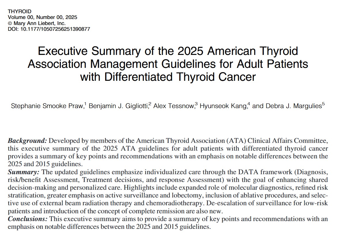AmThyroidAssn's tweet image. 🔍 Get FREE ACCESS to @ThyroidJournal now and dive into the essential Executive Summary of the 2025 American Thyroid Association Management Guidelines for Adults with Differentiated Thyroid Cancer!

📖 Read Now: ow.ly/IyJO50XpzQw

#endotwitter #medtwitter #DTC #Thyroid