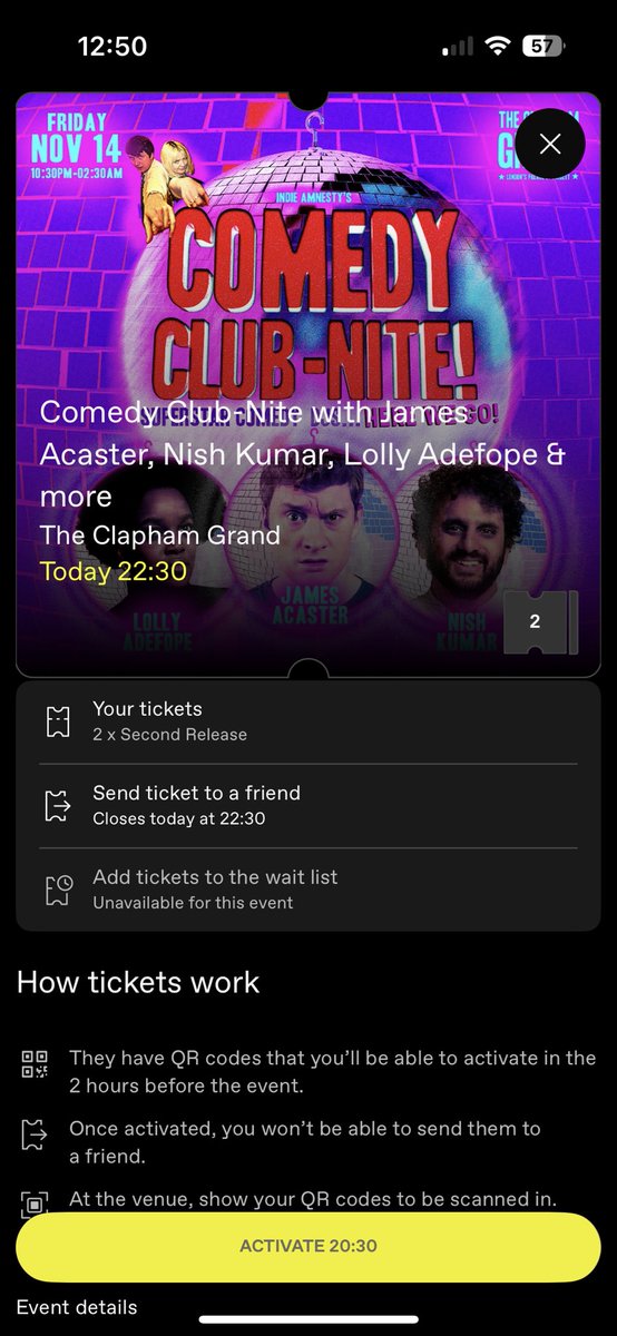 selling 2 tickets to the james acaster dj set tonight