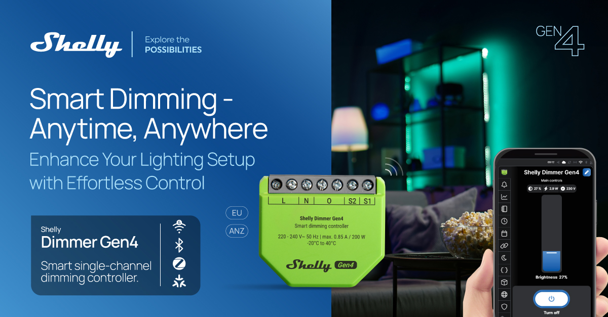 shelly_IoT's tweet image. 💡 Smart &amp;amp; seamless dimming for your space - Shelly Dimmer Gen4!

Works with or without neutral*, supports Wi-Fi, Bluetooth, Zigbee &amp;amp; Matter, and offers Night Mode, smooth transitions &amp;amp; smart scheduling.
Learn more: shelly.link/Dimmer-Gen4-X 

*Bypass needed under 20 W.…