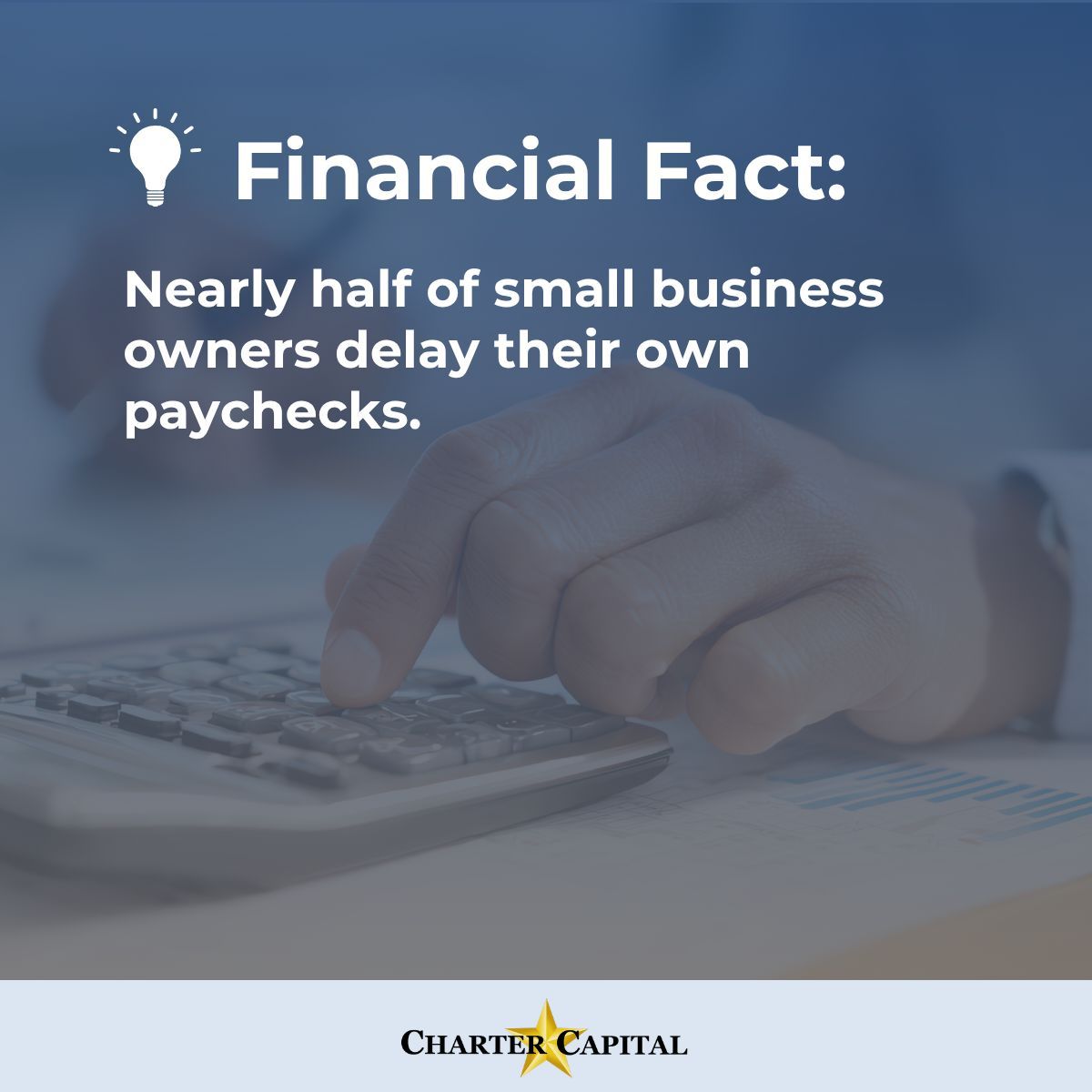CharterCapital's tweet photo. ๐ก Financial Fact: Nearly half of small business owners have delayed paying themselves due to cash flow shortages.
โ๏ธ Smart cash flow management helps ensure you get paid, too.
#FinancialFact #SmallBizFacts #BusinessGrowth #CharterCapital https://t.co/74q92Rocdg