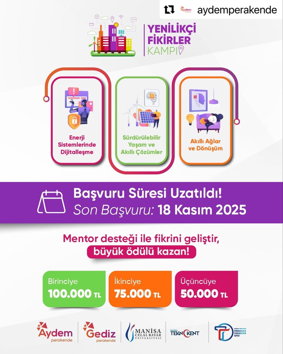 📢Başvuru Süresi Uzatıldı!
Yenilikçi Fikirler Kampı başvuruları için son gün 18 Kasım.

Projenizle başvurun, mentor desteğiyle geliştirin, geleceğin enerjisine yön verin!⚡

Başvuru için: yenilikcifikirlerkampi.com
