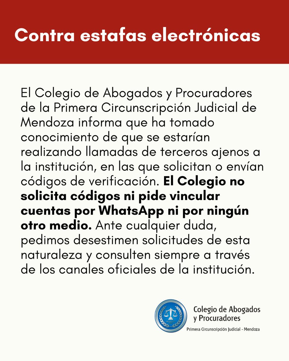 Comunicado contra las estafas electrónicas

⚠️ El Colegio no solicita códigos ni pide vincular cuentas por WhatsApp ni por ningún otro medio.