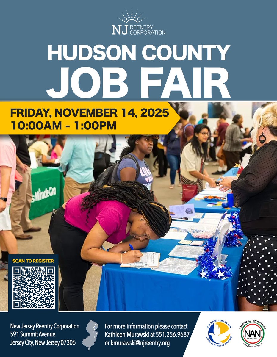Today #NJRC's #HudsonCountySite hosts #JobFair from 10am to 1pm.
Participants bring resumes &amp; meet "reentry-friendly" employers!
591 Summit Ave., Jersey City, NJ 07306

Contact: Kathleen Murawski, KMurawski@njreentry.org
Register: bit.ly/4qrgrpm