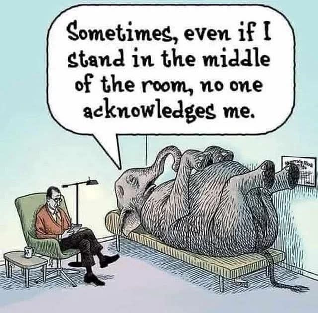 LeeMSnow's tweet image. wild how the group chat can ignore the most obvious problem. #ElephantInTheRoom #RelatableHumor #TherapyHumor #AwkwardLaughs #BigMood