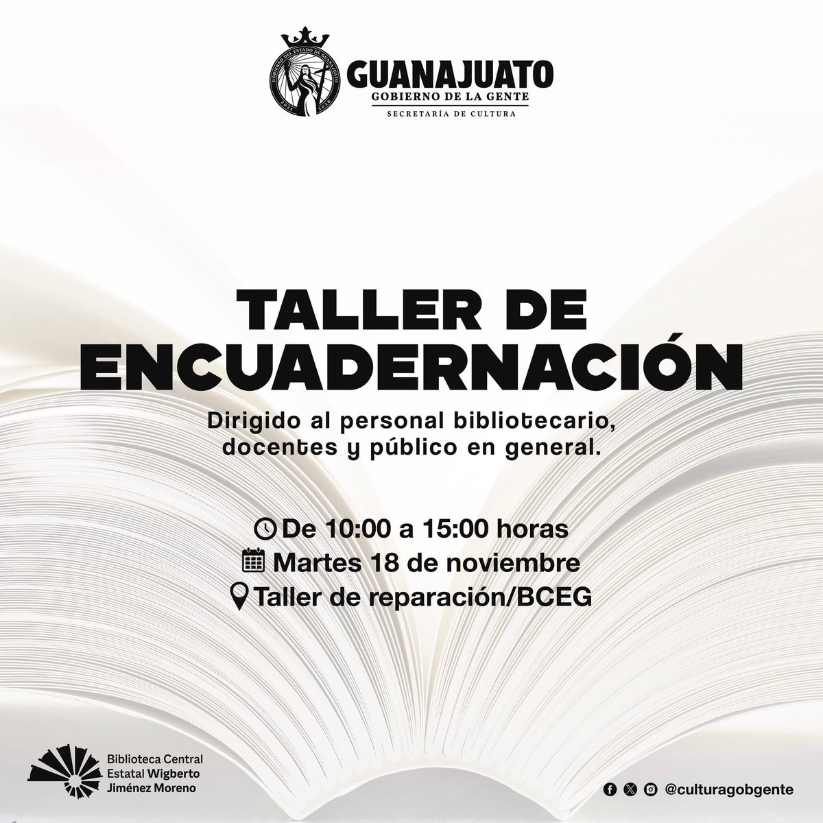 ¿Te gustaría reparar tus libros o crear libretas artesanales?
La Secretaría de Cultura #Guanajuato, en colaboración con la BCE de Guanajuato “Wigberto Jiménez Moreno”, te invita a este #taller de encuadernación.
Entrada libre y sin registro. ¡Anímate!
👉 facebook.com/share/p/1CXQyC…
