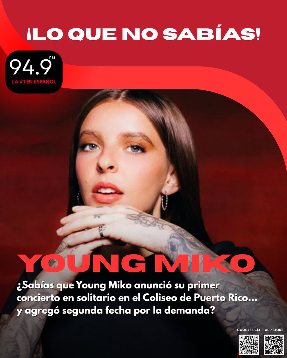 gitanaecuador's tweet image. 💡 ¿Sabías que Young Miko anunció su primer concierto en solitario en el Coliseo de Puerto Rico… y agregó segunda fecha por la demanda? 🏟️ Será el 5 y 6 de diciembre de 2025 en San Juan. 

❤️ ¿La ponemos en 94.9FM? Pide tu favorita de Young Miko ahora.
#YoungMiko #949FM