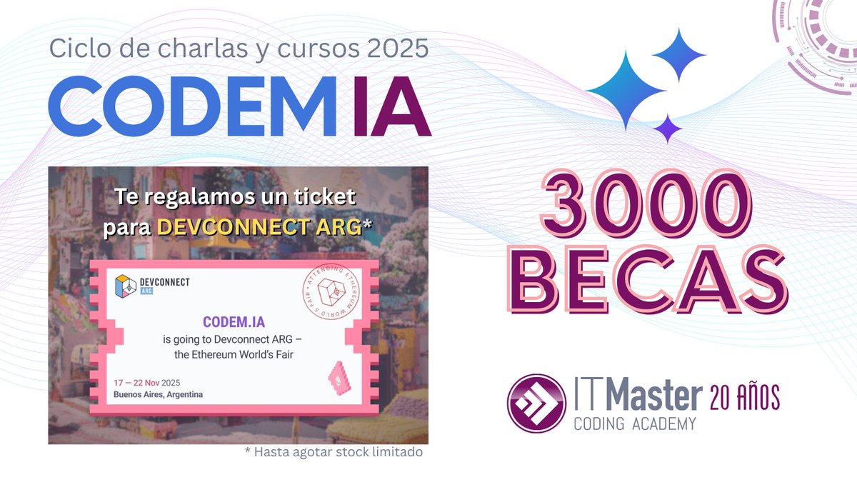 Cumplimos 20 años y lo festejamos con vos 🎂

🔥Ciclo de charlas y cursos de IA con <a href="/maxifirtman/">Maximiliano Firtman</a> y otros profes.
¡3000 becas disponibles! 🙀

🔥Tickets para DEVCONNECT en La Rural, la feria cripto más grande del mundo.

GRATIS🎉

¡Te esperamos!  Buscá el link en la respuesta 👇