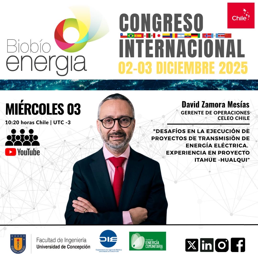 👩🏻‍💻Conoce a los speaker que se reunirán en el #biobioenergia  2025 “Resilencia y diversificación energética”

¡No te lo pierdas!
🗓️¿cuándo? 2 y 3 de diciembre 2025
📍¿dónde? UdeC, Concepción, Chile
ℹ️ ¿más información? Escríbenos a 📧 biobioenergiacibbe@gmail.com