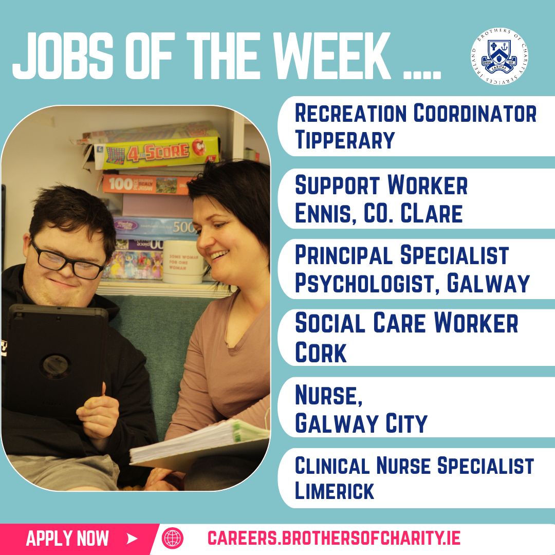 Corlann_Ireland's tweet photo. Jobs of the Week! Join our team and help us support people with an intellectual disability to live the lives they choose. #socialcarejobs #intellectualdisabilitysupport #workwithmeaning https://t.co/rVFxflSGPy