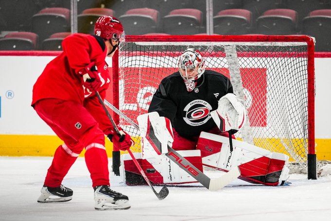 Pyotr Kochetkov makes a save on Sebastian Aho during a recent practice.