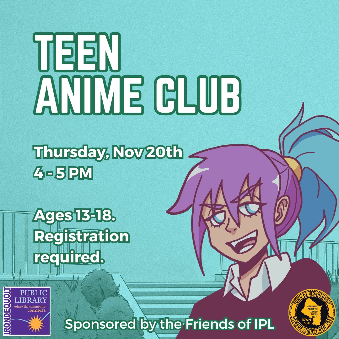 NEXT THURSDAY (11/20/25) – Teen Anime Club

The next meeting of our Teen Anime Club is happening soon!

REGISTER HERE: irondequoitlibrary.libcal.com/event/14946475