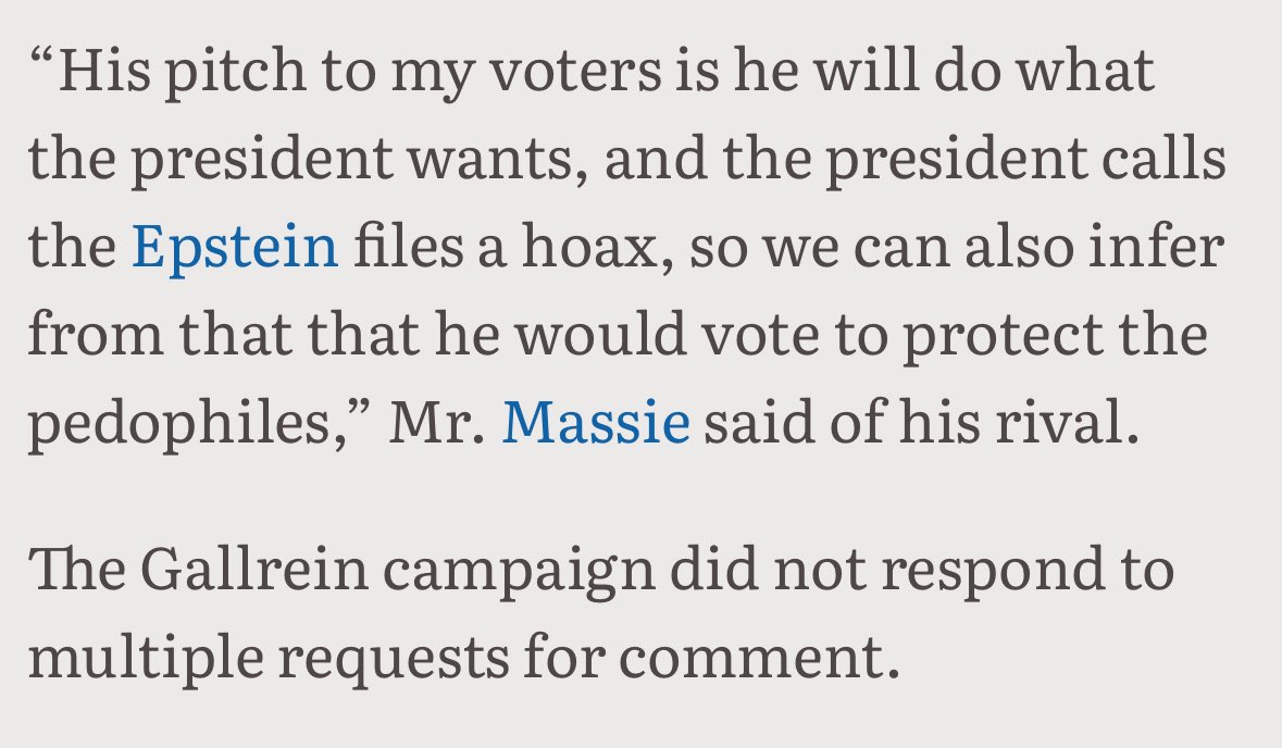 MassieforKY's tweet image. Elect my opponent who promises to be a rubber stamp in DC and what will you get? Someone who won’t even stand up for victims of sex trafficking. He refused to respond to this article:
washingtontimes.com/news/2025/nov/…