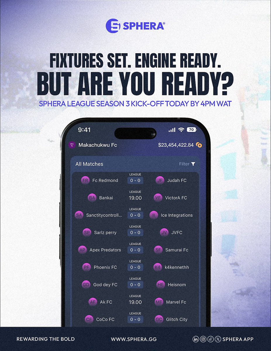 SPHERAAPP's tweet image. Game on!
Sphera League Season 3 is on!

#Sphera #RewardingTheBold #FootballGaming #Football #Sport #FootballManager #P2P