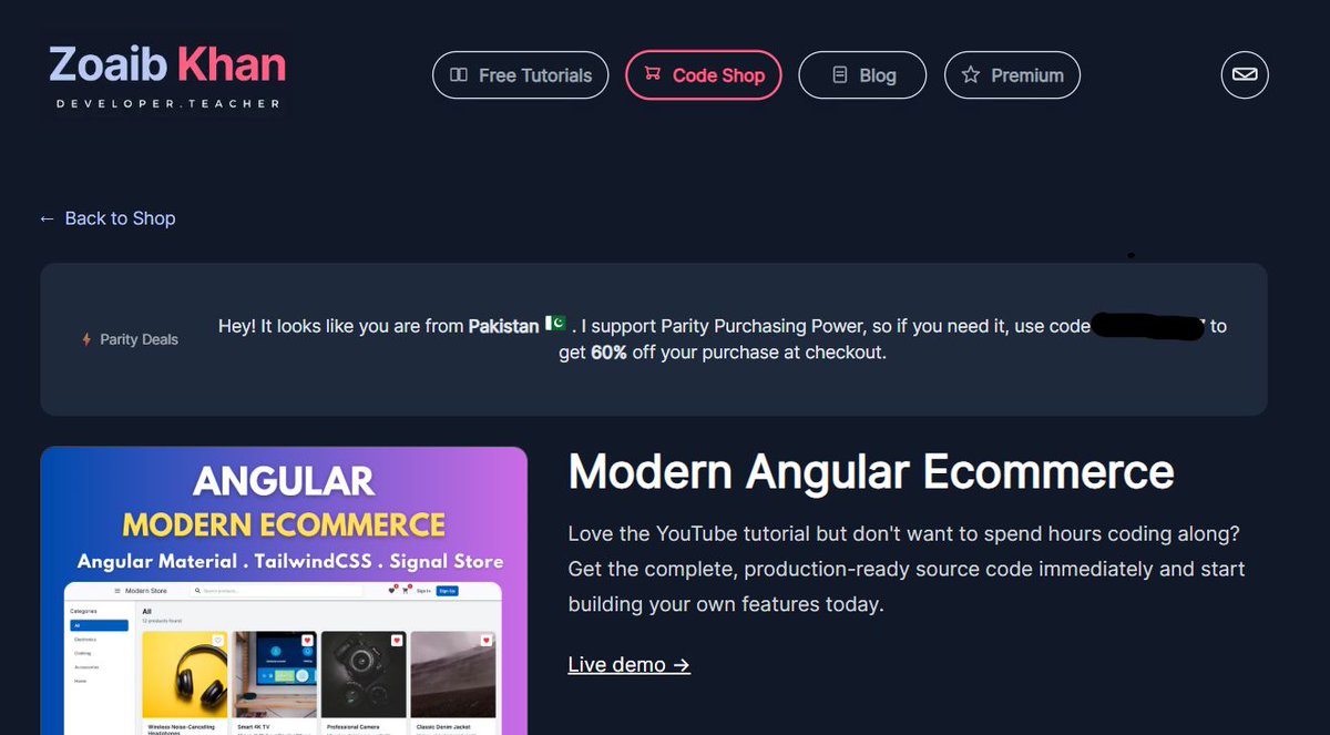 ✨ Just added Purchase Power Parity to my Angular Code Shop!

So now if you want to purchase any final code for tutorials on my Youtube channel - you can now do so at a discount based on your current location.

Link to my shop: buff.ly/11E9yTU