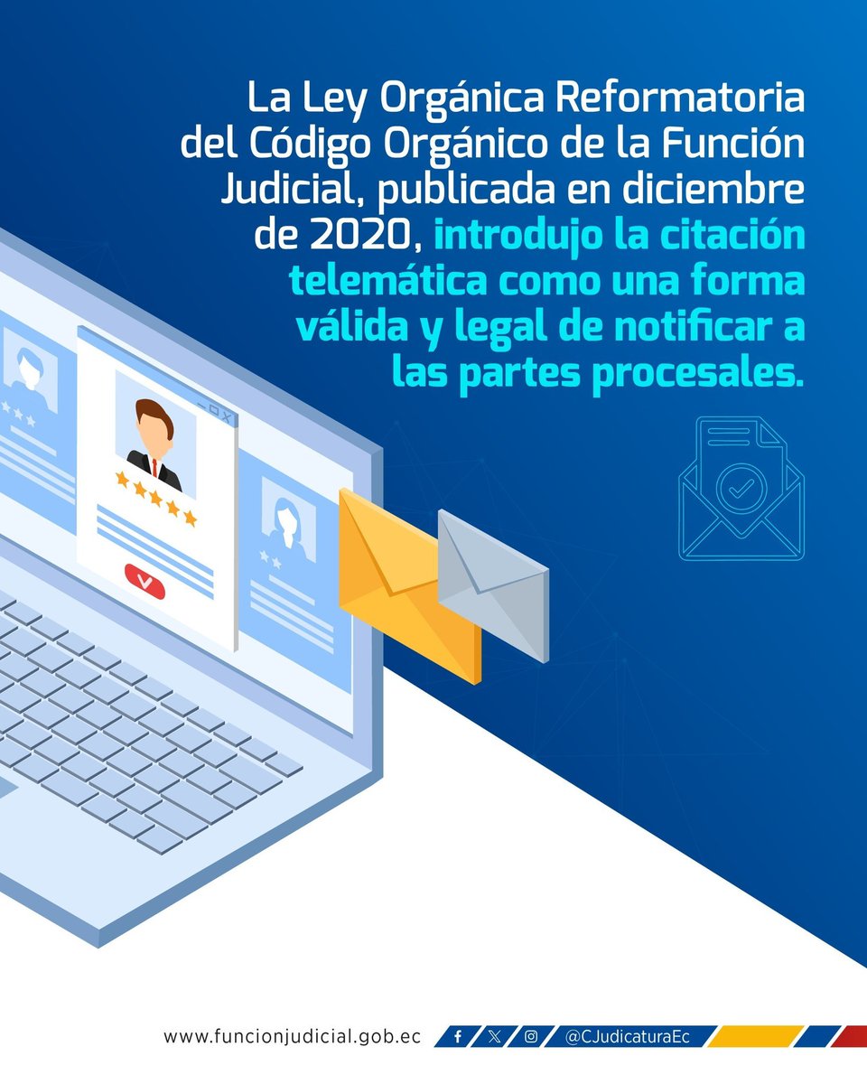 StoDomingoCJ's tweet photo. 📩 | #JusticiaDigital

La Ley Orgánica Reformatoria del Código Orgánico de la Función Judicial, publicada en diciembre de 2020, introdujo la citación telemática 💻 como una forma válida y legal de notificar a las partes procesales.

#RecuperamosLaJusticia ⚖️ https://t.co/goVaMVxZyX