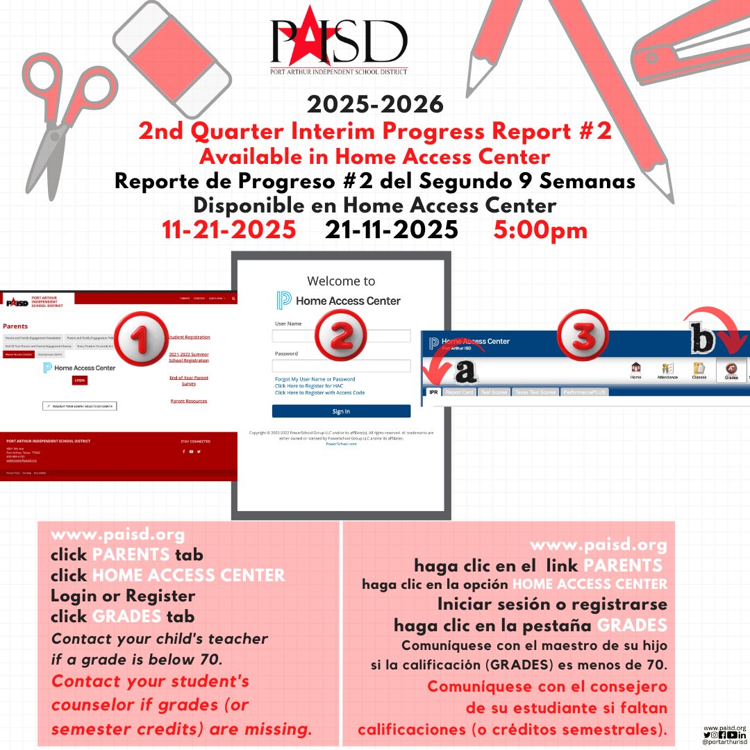 2nd Quarter Progress Reports will post to the Home Access Center Parent Portal at 5pm on Friday, Nov. 21.  Please contact your child's teachers/school counselor if he/she earns less than a 70 in any course so that you can work with the school to provide improvement support.