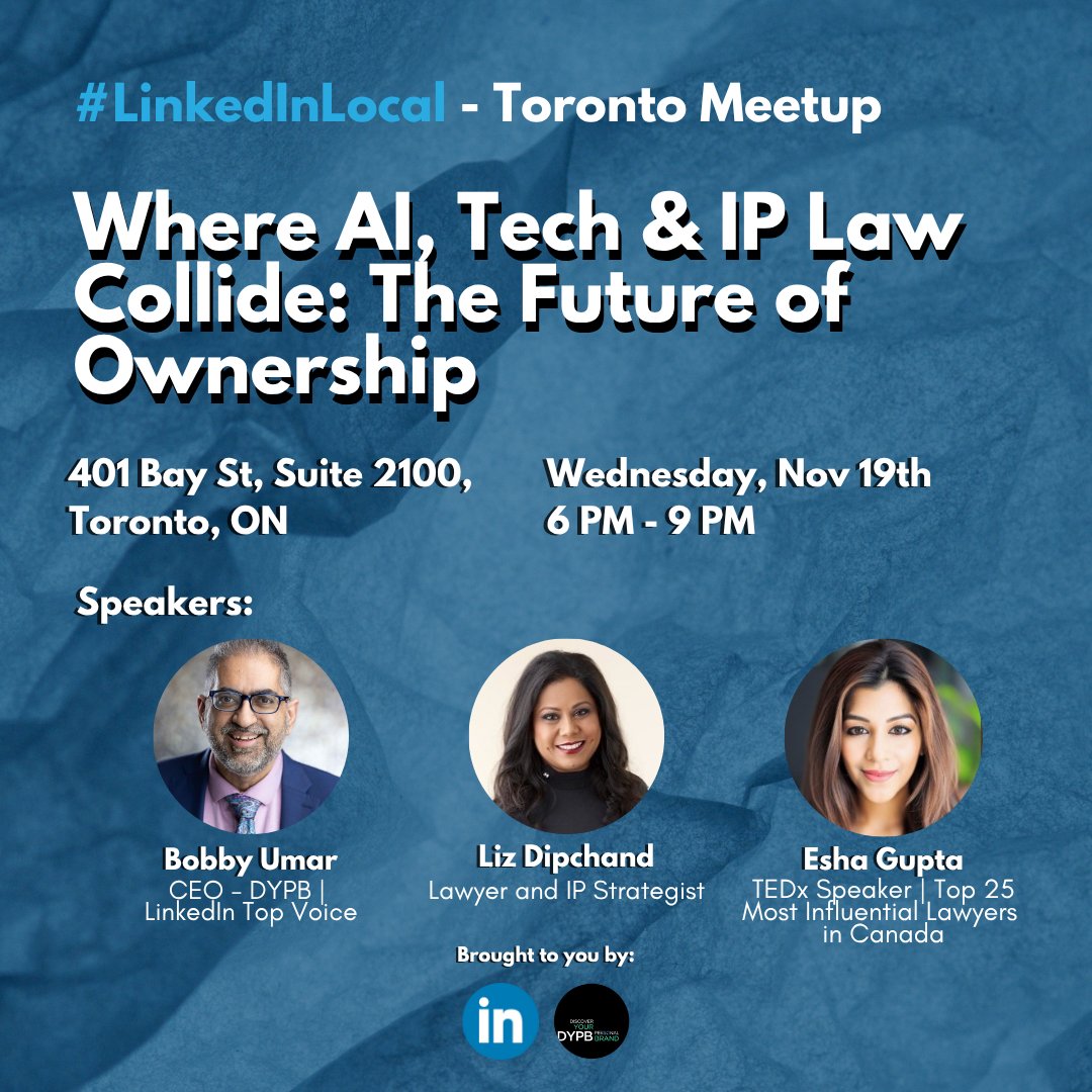 raehanbobby's tweet image. Curious about an evening of smart conversations and fresh insights from Toronto&apos;s top innovators and legal minds.

Join the LI Local Toronto Meetup at Dipchand LLP, Nov 19th, 6PM-9PM

LINK: eventbrite.ca/e/linkedin-loc…

Register Now!

#NetworkingSuccess #AIandTech #TorontoMeetup