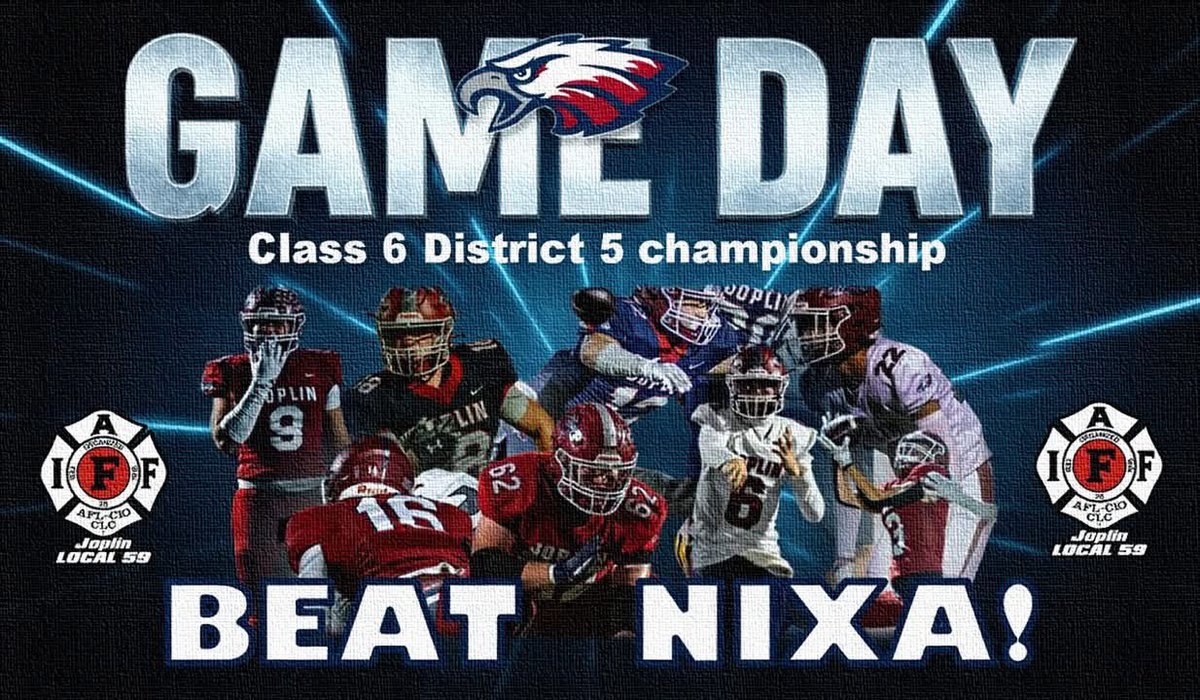 OUR HOMETOWN Joplin Eagles are ready for battle! 🦅
Tonight they take on Nixa in the Class 6 District 5 Championship!
📍 Nixa High School
🕖 Kickoff: 7:00 PM
Let’s show our support and cheer them on to victory!
LET’S GO JOPLIN EAGLES!
<a href="/JoplinFootball/">Joplin Football</a> <a href="/joplinathletic1/">@joplinathleticboosters</a>