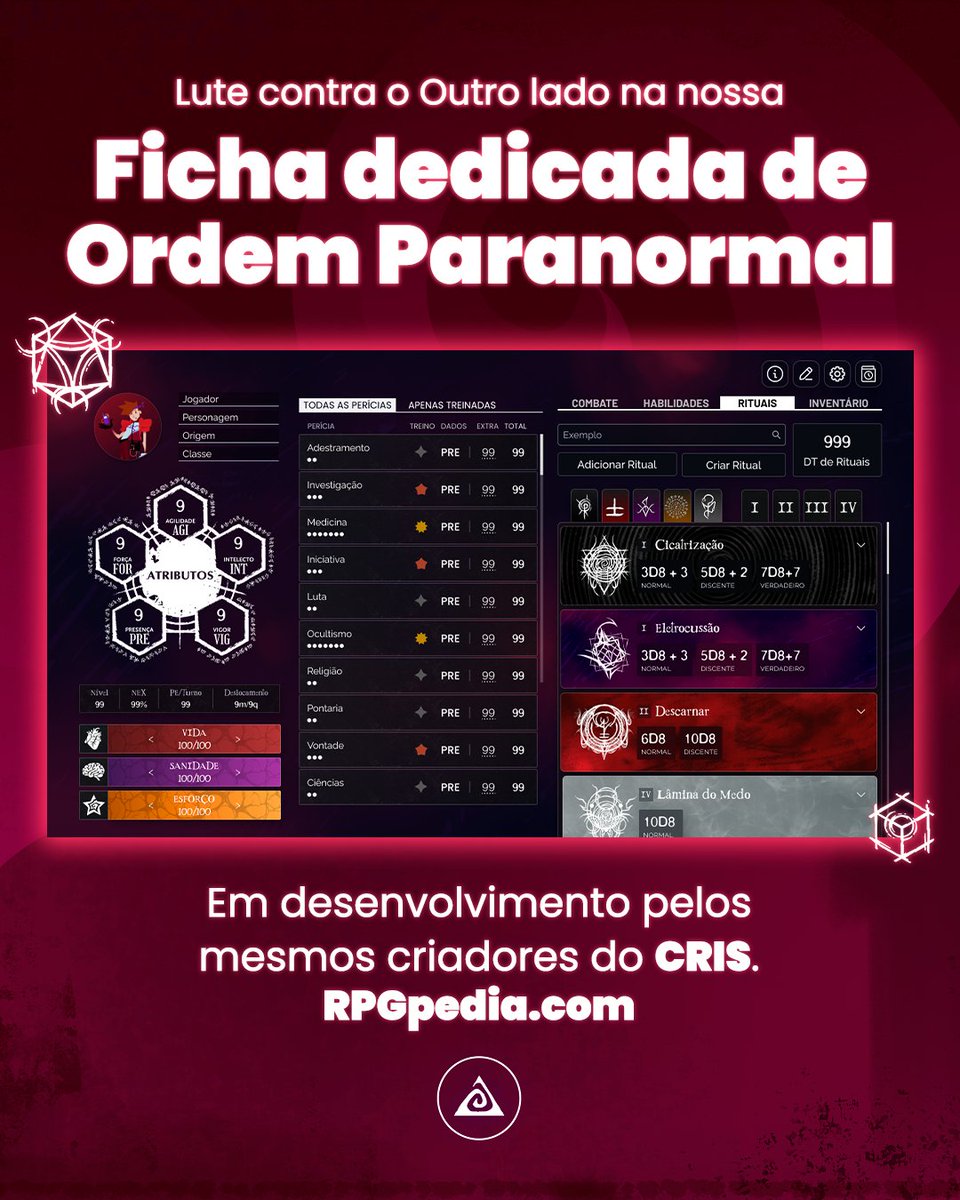 👁️ Nossa ficha de Ordem Paranormal.

Aqui está uma primeira olha na nossa ficha dedicada de Ordem Paranormal, sendo desenvolvida pelos mesmos criadores do CRIS!

Ainda melhor, mais bonita e intuitiva que antes.

Quer saber mais? Se liga aí! (+)
#Hexatombe