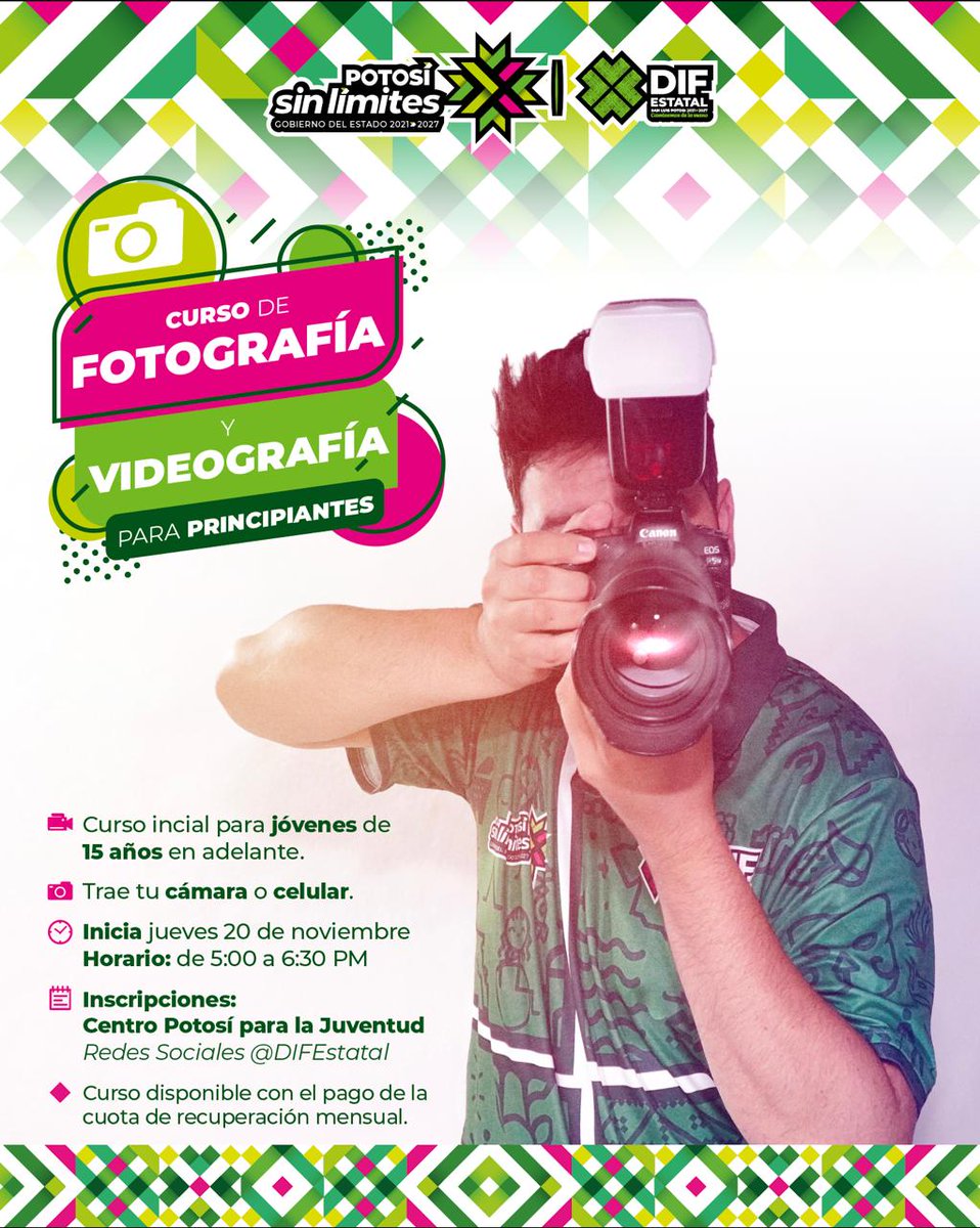 Curso de fotografía y video, para jóvenes que quieren aprender a capturar historias con su propio estilo.
Disponible con el pago de la cuota de recuperación mensual.
Estaño 105, Col. Morales.
5:00 a 6:30 pm
#CentroPotosíParaLaJuventud #PotosíSinLímites #RicardoGallardoCardona