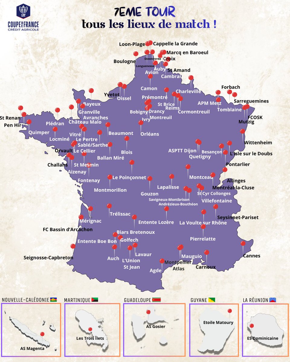 🇫🇷 COUPE DE FRANCE - 7ème tour

✨184 clubs avec des rêves plein la tête.

📍Voici où se dérouleront les 92 matchs de ce 7ème tour !

(n'hésitez pas à partager, ça m'a demandé un peu de temps 😅)