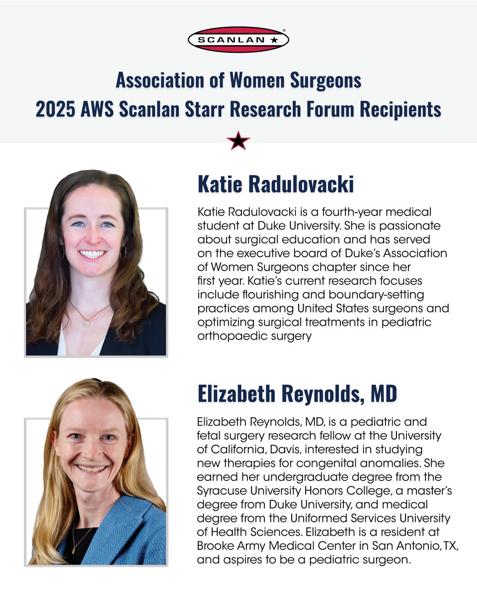 ScanlanInc's tweet image. Honored to support future surgical leaders! Congrats to 2025 AWS Scanlan Starr Research Forum winners: Katie Radulovacki &amp;amp; Dr. Elizabeth Reynolds! scanlaninternational.com/about-us/givin… #AWS2025 @WomenSurgeons