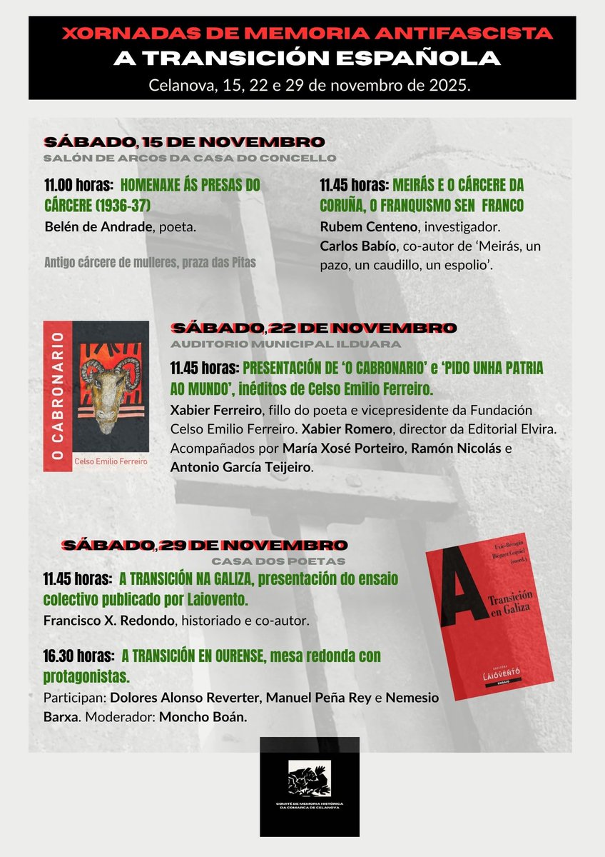 📚⌛️📝Xornadas de #Memoria #Antifascista e sobre a #Transición Española, os días 15, 22 e 29 de novembro en Celanova, organizadas polo Comité de Memoria Historia da Comarca de #Celanova (#Ourense).