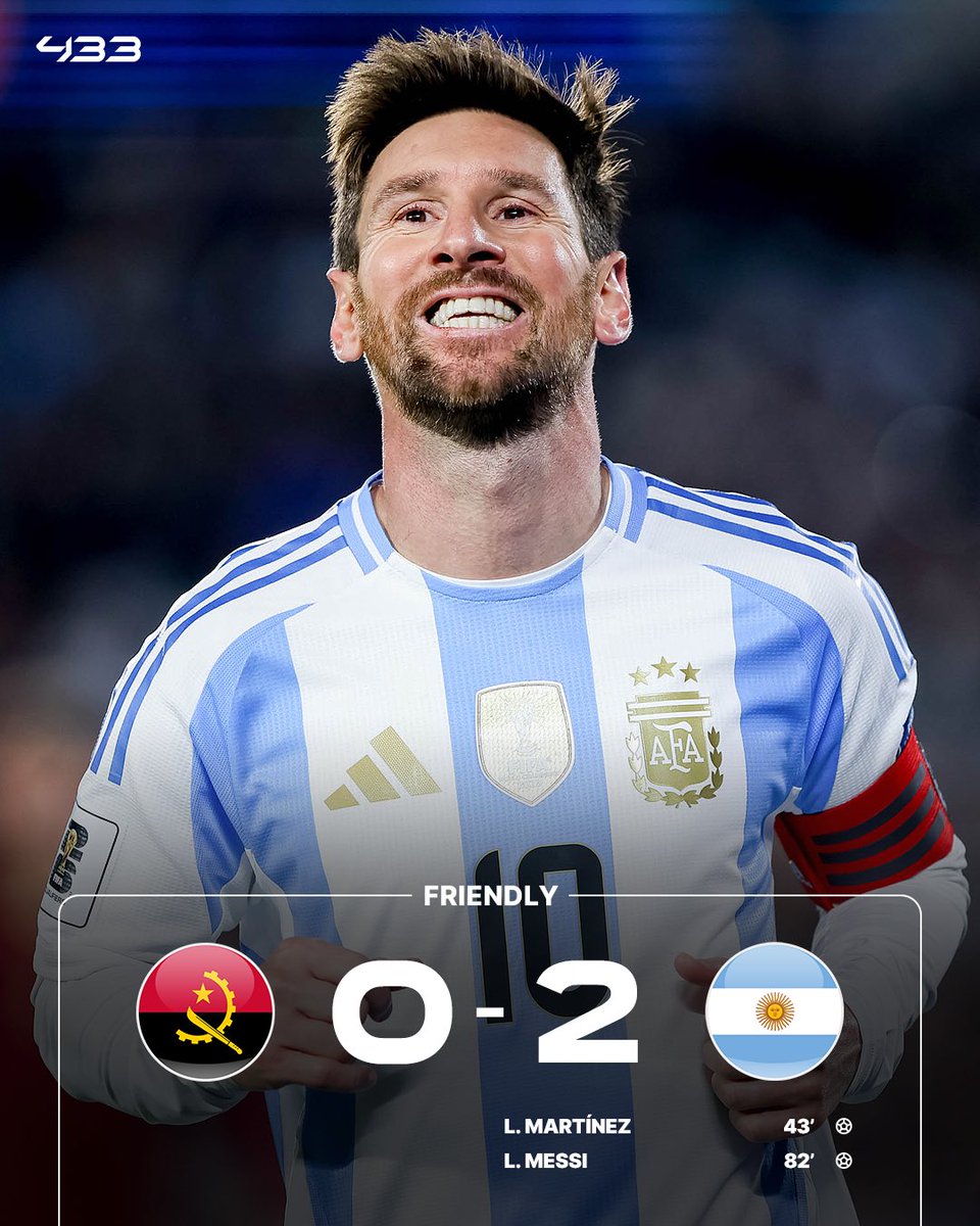 433's tweet image. Argentina beat Angola, Messi with an 🅰️➕⚽️

🔥 895 career goals and 401 assists 🥵

He’s now only 4 away from 1300 (!) goal contributions 😶‍🌫️