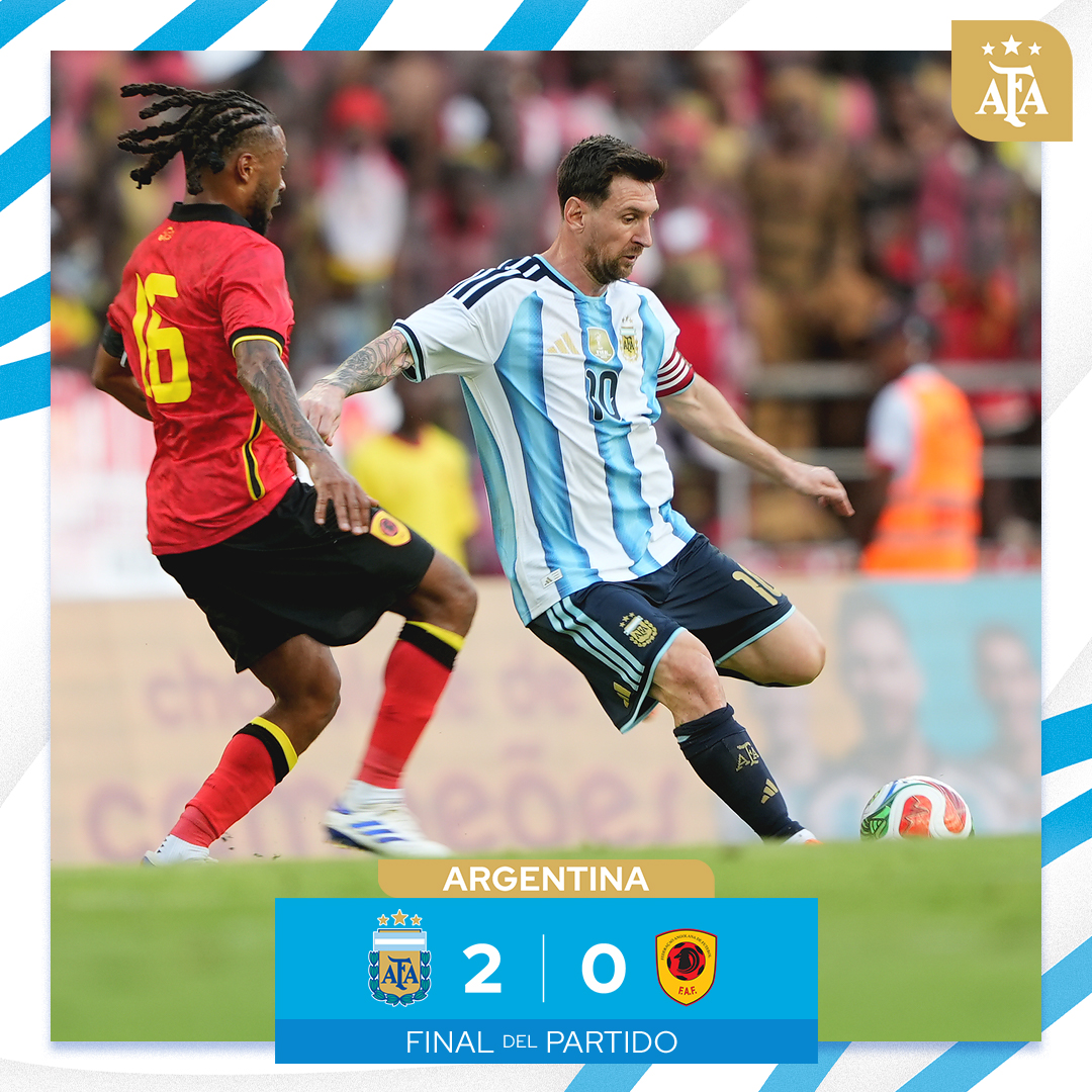 #SelecciónMayor
🗓 #AmistosoInternacional 

⚽️ #Argentina 🇦🇷 2 (Lautaro Mártinez y Lionel Messi) - #Angola 🇦🇴 0

🗣 ¡GANÓÓÓÓÓ LA SCALONETA!

⏱ Final del partido

#TodosJuntos 🙌