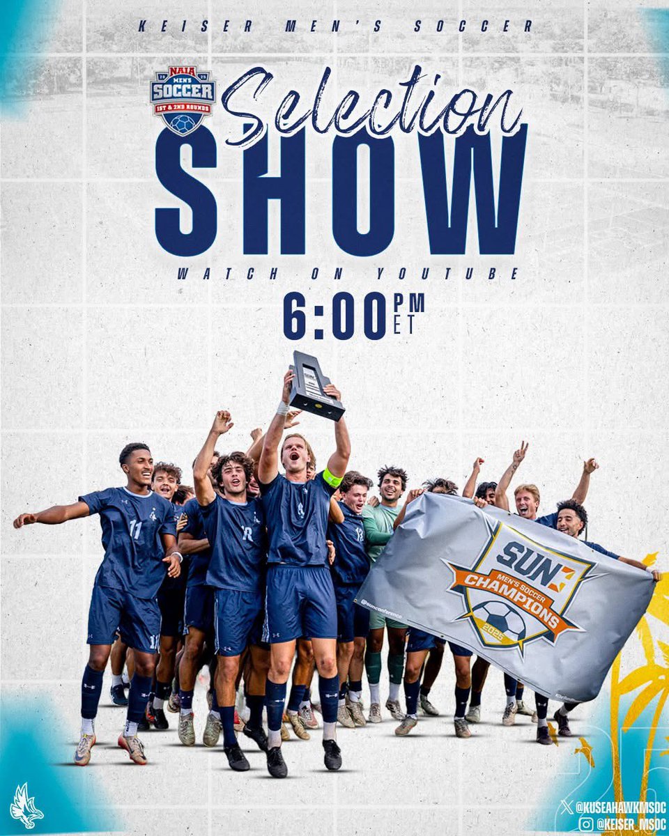 KUSeahawkMSOC's tweet image. 🚨𝗡𝗔𝗜𝗔 𝗦𝗲𝗹𝗲𝗰𝘁𝗶𝗼𝗻 𝗦𝗵𝗼𝘄!🚨

Tune in tonight at 6:00 PM for the NAIA Selection Show to see where the Seahawks end up in the NAIA National Tournament!

Link to the stream: bit.ly/3WXdYWu

#DefendtheBeach #BattlefortheRedBanner