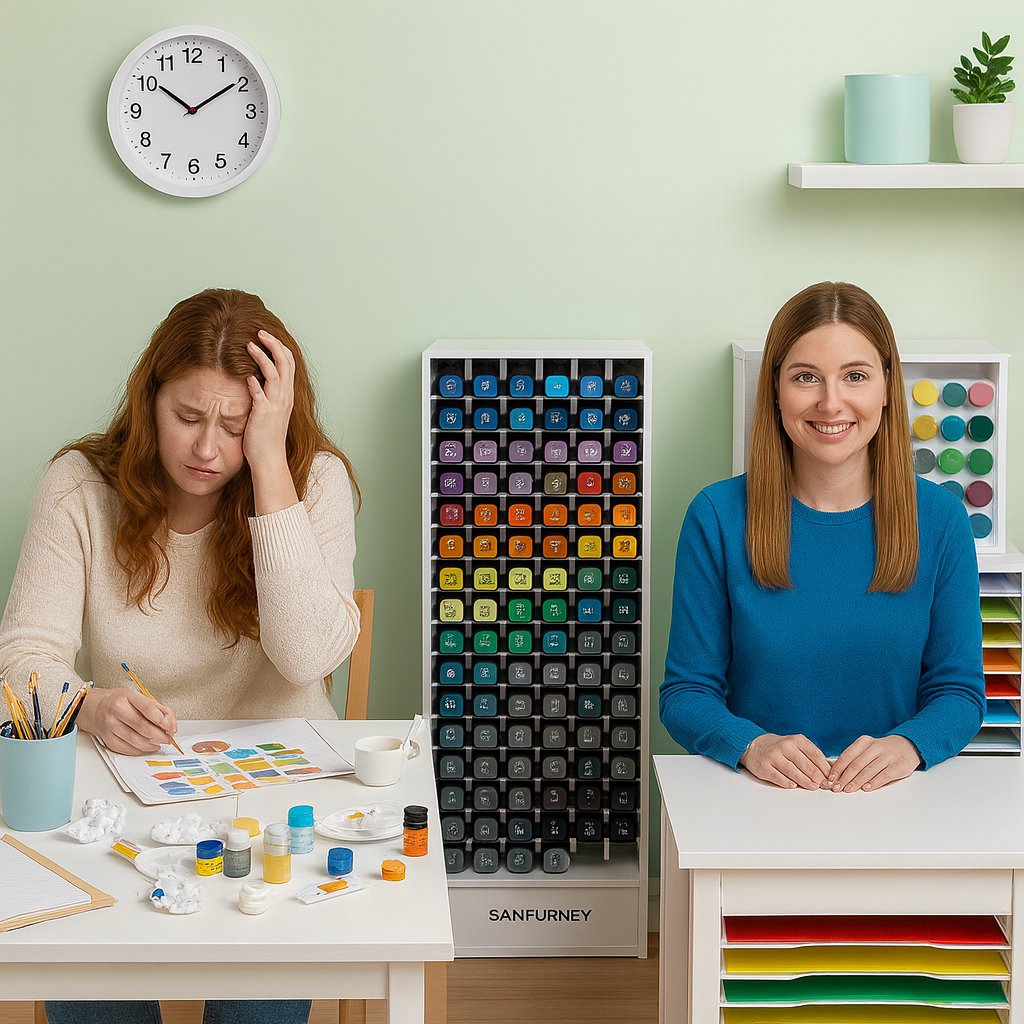 Sanfurney's tweet image. Tag the friend whose craft space looks like the right side. 👇#friday #designtutorials  #DIY  #MessyBun #meme #jokes