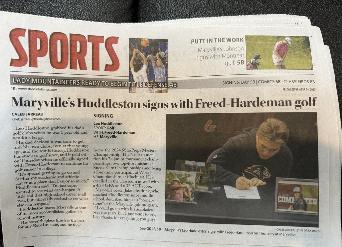 Thanks to <a href="/CalebJarreau16/">Caleb Jarreau</a> and <a href="/josh_lane20/">Josh Lane</a> of <a href="/TDT_Sports/">Daily Times Sports</a> for all of the great coverage of <a href="/MHSRebelsGolf/">Maryville Rebels Golf</a> this year. <a href="/GoLowLeo/">Leo Huddleston</a> and <a href="/WilTheThrill6/">Wil Huddleston</a> very much appreciated it! #BestInTheBusiness <a href="/gofhulions/">FHU Athletics</a>