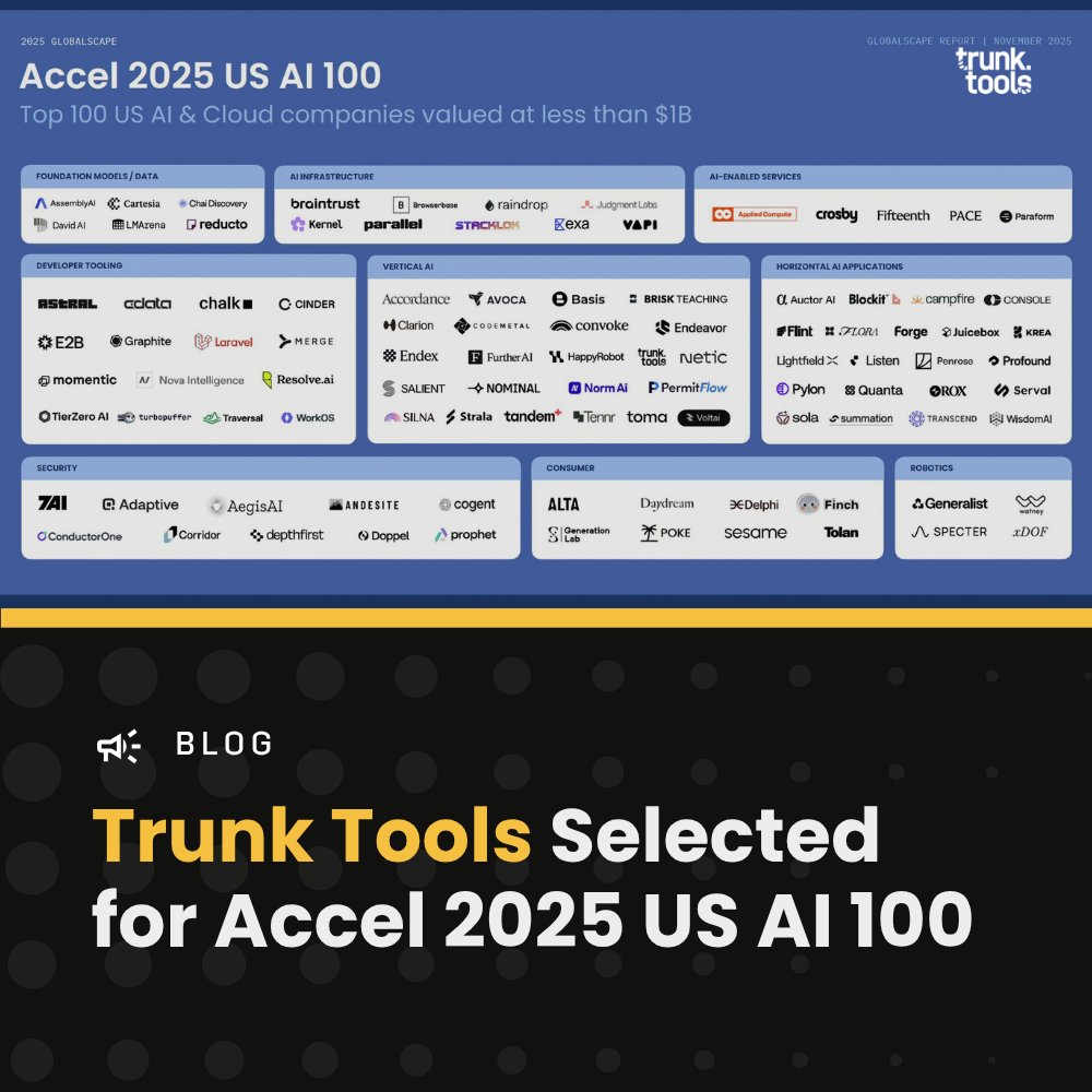 trunk_tools's tweet image. Trunk Tools has been selected for the Accel 2025 US AI 100! Honored to be recognized in the Vertical AI category and proud to represent construction on this year’s list.

Let’s keep pushing the industry forward. #LetBuildersBuild

Read the announcement:
👉 hubs.la/Q03TkpHt0
