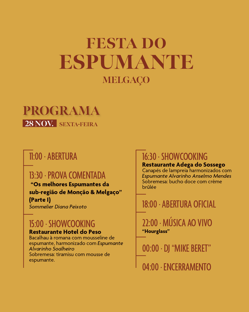 mun_melgaco's tweet photo. Melgaço volta a brindar à excelência dos espumantes da sub-região de Monção e Melgaço.​
​
De 28 a 30 de nov., o Largo do Mercado recebe mais uma edição da Festa do Espumante, com provas comentadas, showcookings, produtos regionais e música ao vivo.​

https://t.co/TNij1iKr6p https://t.co/W7n73nFWc1