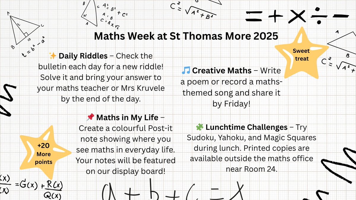 We’re absolutely buzzing with excitement to host Maths Week 2025 at St. Thomas More! 🎉
Get ready for an action-packed week filled with maths magic and fun challenges, including:
It’s going to be a week full of numbers, and excitement — let’s make Maths Week 2025 one to remember!