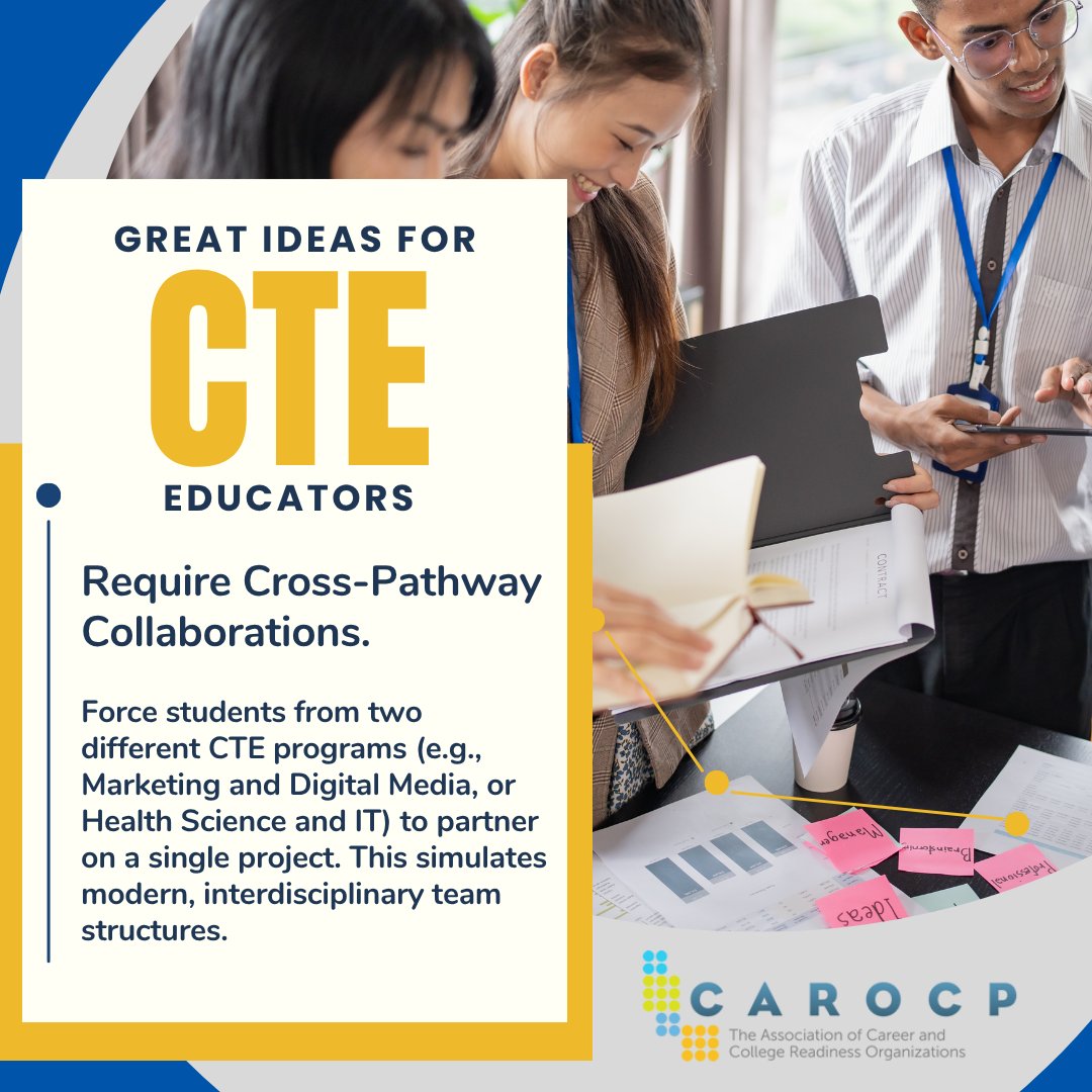 CAROCP_CTE's tweet image. Modern workplaces are interdisciplinary. 🤝 Break down the classroom walls and require Cross-Pathway Collaborations on projects. It teaches them how to communicate and achieve goals with team members who have different expertise. #Collaboration #CTEinca #CAROCP #careerteched