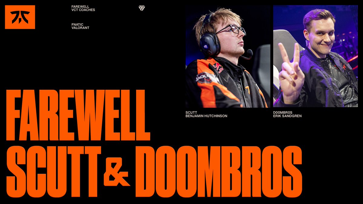 FNATIC's tweet image. Today we also say our farewells to both @Scuttt_cs and @d00mbr0s as we approach the 26&apos; season.

A huge thank you to Ben for all his tireless efforts this year as assistant coach, and we&apos;re thrilled to see Erik take his next steps at 100 Thieves.

Good luck boys! 🧡