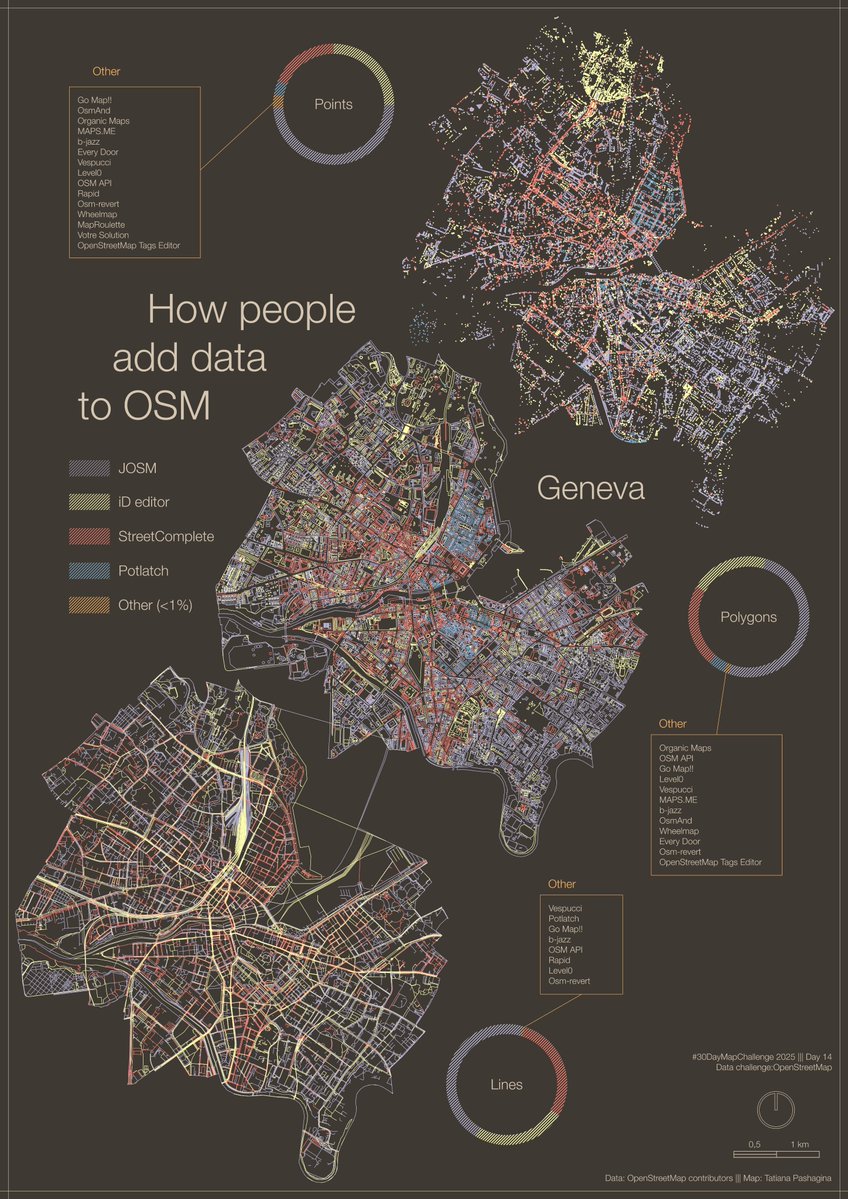 viola__alba's tweet image. #30DayMapChallenge Day 14 – Data challenge: #OpenStreetMap
A #map showing how people add data to OSM, using Geneva as an example. #JOSM, #iDeditor and #StreetComplete create visible patterns on the map🖌️🎨
And there are plenty of other apps to choose from😉📱💻🤖🗺️