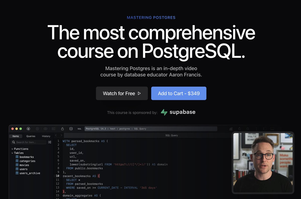 devs always ask why supabase doesn't offer a Postgres training course

the answer is because we could never make one as well as <a href="/aarondfrancis/">Aaron Francis</a> could