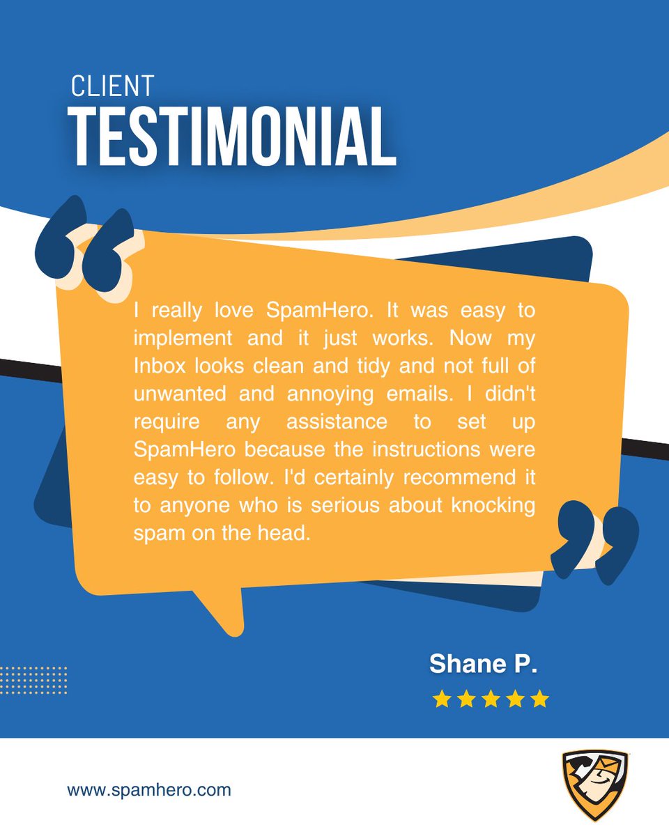 SpamHero's tweet image. Easy setup. ✅

No spam. ✅

Happy inbox. ✅

Try SpamHero today 👉 spamhero.com

#spamhero #emailsecurity #spamfiltering #cybersecurity #testimonial