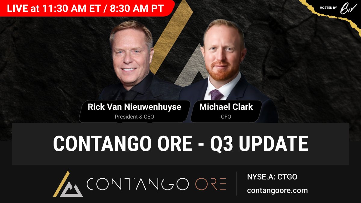 OreContango's tweet image. In one hour, join CEO Rick Van Nieuwenhuyse and CFO Mike Clark for an update on Q3&apos;s production. After a brief interview, the executives will be available for live questions.

Register here: bit.ly/4oB13W9
